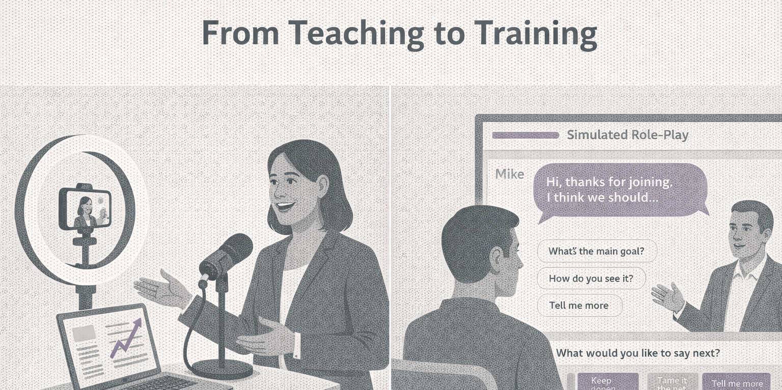 Content vs practice learning illustration: creator recording training content on one side, learner engaging in simulated role-play conversation practice on the other.